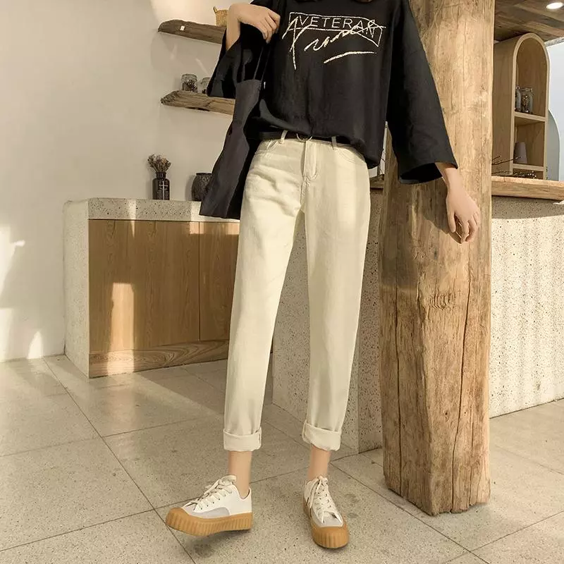 SUXI Quần jeans lưng cao ống rộng phong cách Hàn Quốc