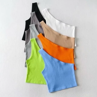 Một Vai Crop Xe Tăng Top Nữ Mùa Hè Không Tay Xe Tăng Camis Gợi Cảm Cổ Tròn Co Giãn Corset Mỏng Crop Tops Ống Nữ