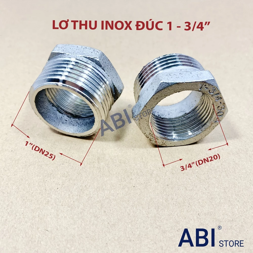 Lơ thu inox ren ngoài 34 về ren trong 27, cà rá thu 1-3/4'' đúc hàng dày đẹp( dn25-dn20)