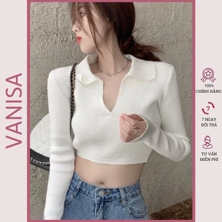 Áo croptop polo nữ tay dài ôm body cổ v kiểu thun đẹp siêu xinh VANISA CT034