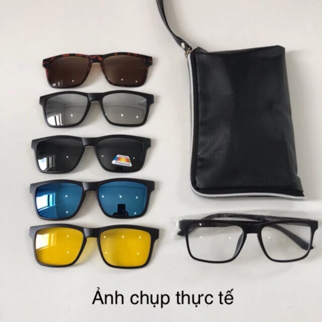 Bộ kính đa tròng 6 in 1 phong cách thời trang (kèm bao da kính), Gọng kính râm đa tròng mắt phân cực