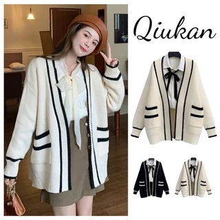 Áo khoác cardigan dày sọc đen trắng có túi Qiukan, Áo khoác len nữ dài tay form rộng phong cách Hàn Quốc