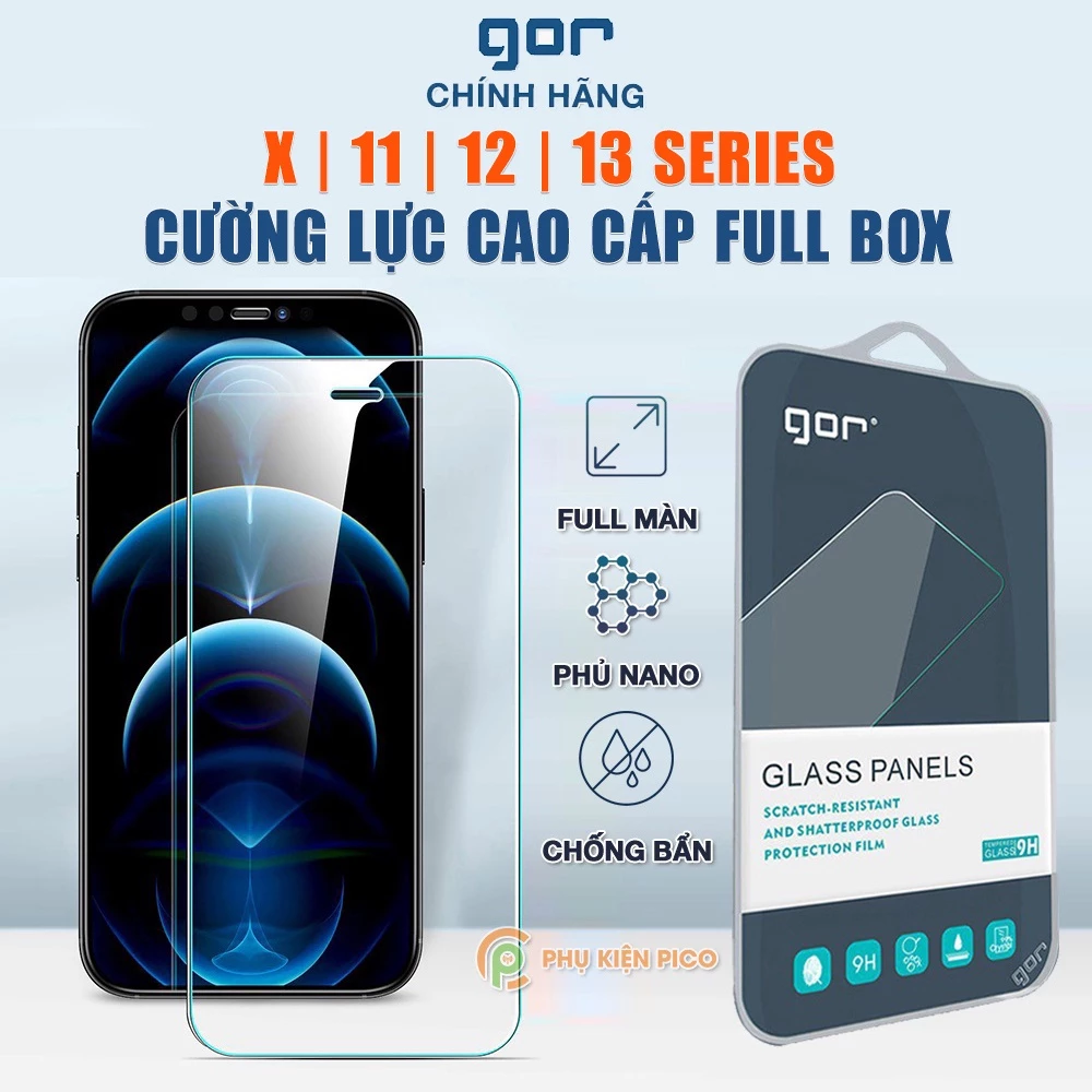 Kính cường lực Iphone 13 Pro Max chính hãng GOR trong suốt full màn hình Iphone Xs Max / 12 Pro Max / 11 Pro /  13 Mini