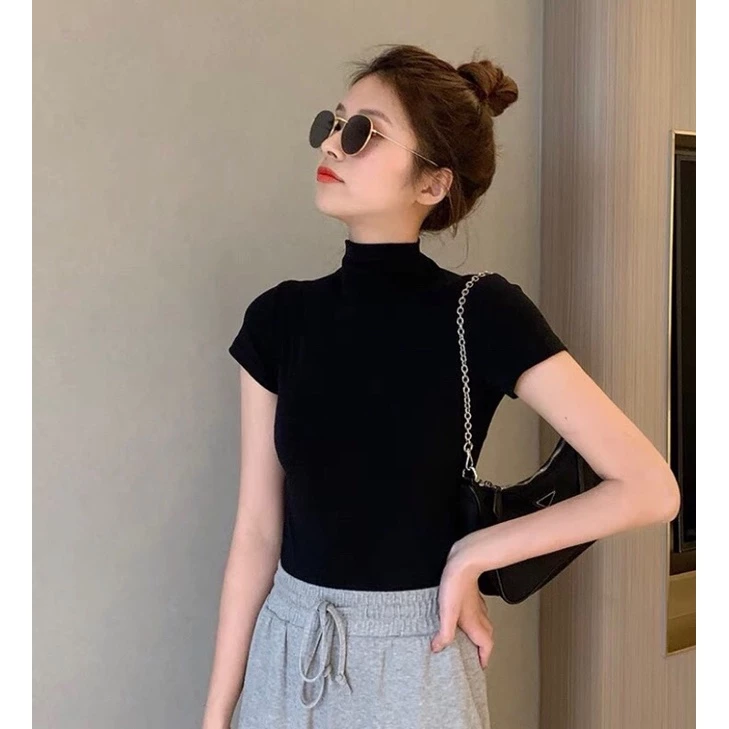 Áo thun kiểu cổ lọ croptop tay ngắn