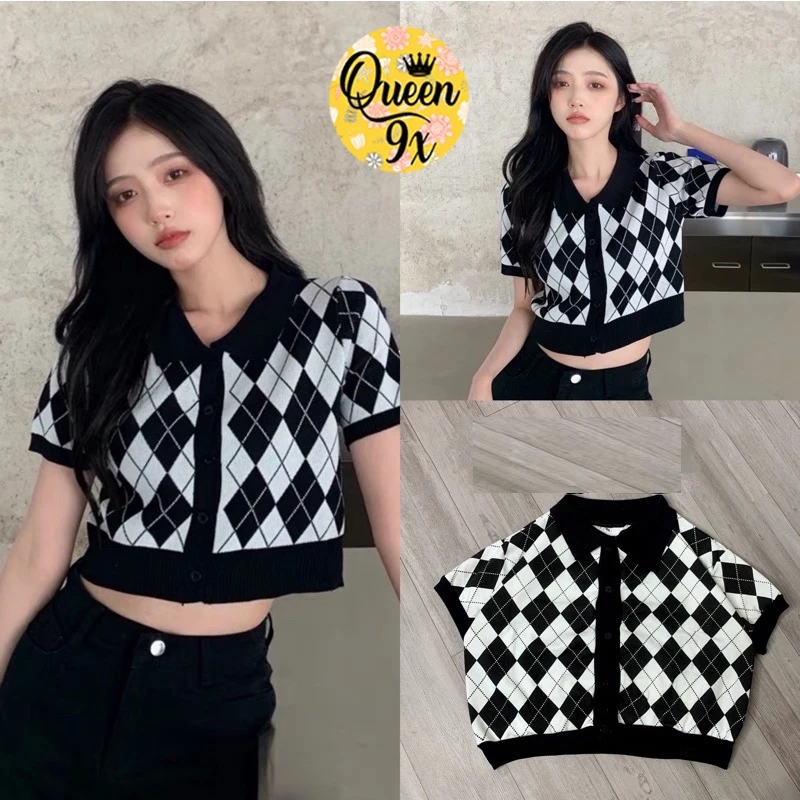 Áo Polo Croptop Kẻ Kim Cương Nữ Hot Trend