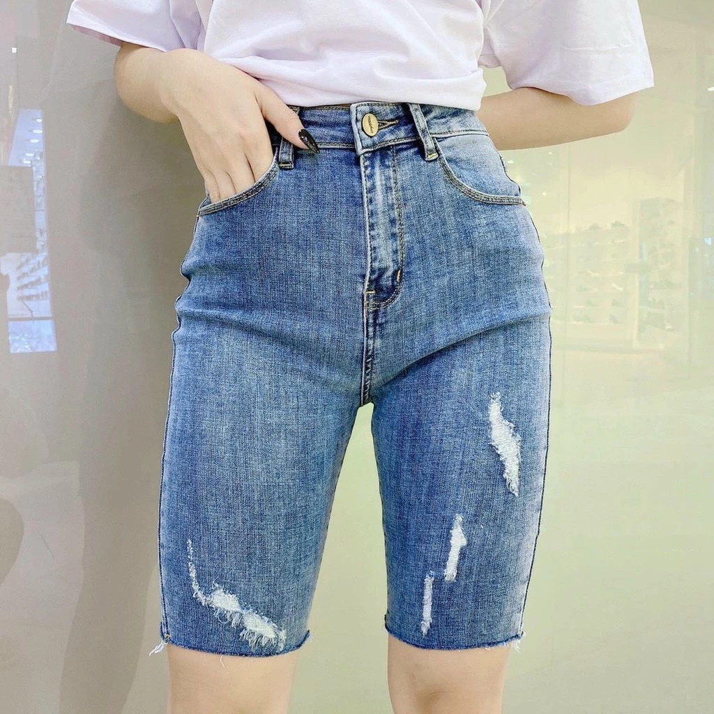 Quần Jeans Ngố BigSize Dáng Lửng Ngang Gối Phom Ôm Lưng Cao Co Dãn Mạnh Màu Xanh Rách Kiểu Đẹp 3802
