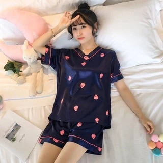 Bộ lụa ngủ, pijama cộc tay cổ V mặc nhà ulzzang in hình họa tiết quả dâu (có ảnh thật)