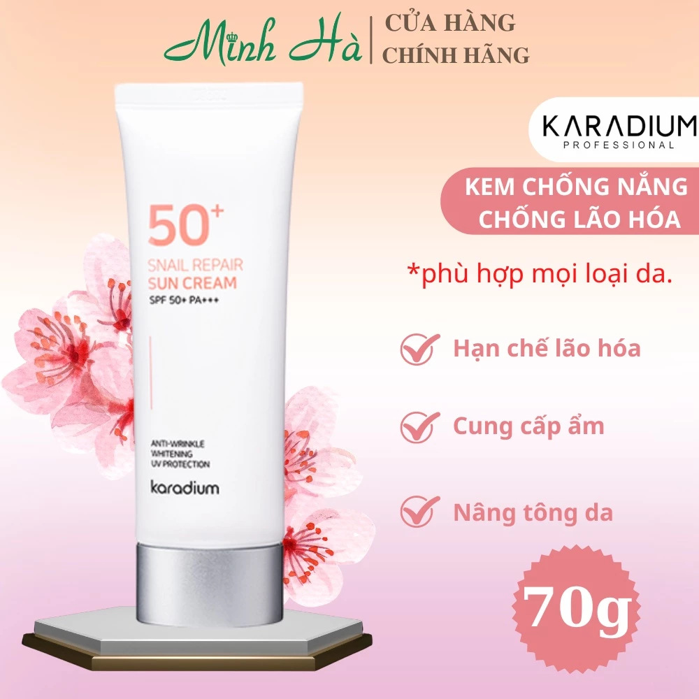 kem chống nắng karadium Snail Repair Sun Cream SPF 50+ PA+++ 70g dưỡng trắng và giảm vết nhăn