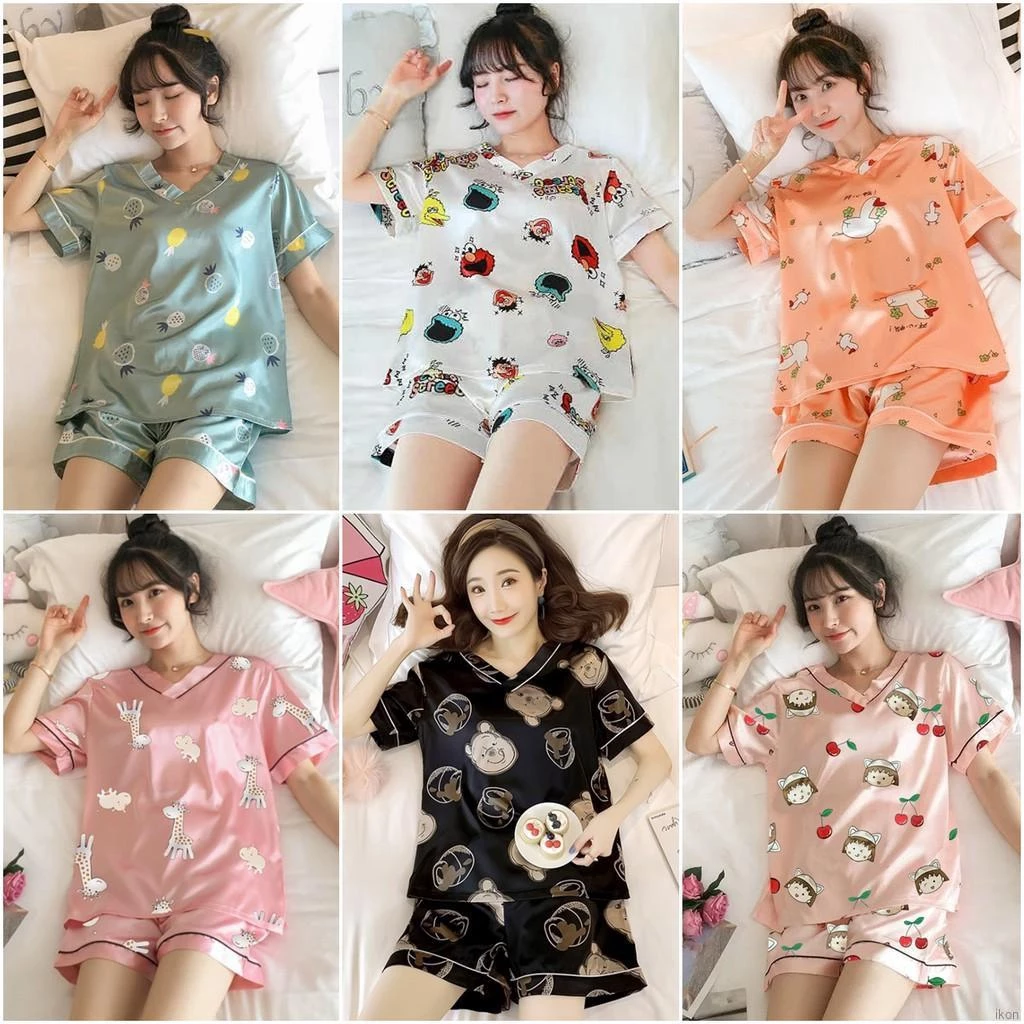 Bộ đồ ngủ Pijama ngắn tay cổ chữ V họa tiết hoạt hình thời trang nữ dễ thương