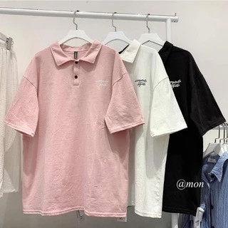 Áo Polo Cotton Unisex Form Rộng Nam Nữ In Chữ Simple