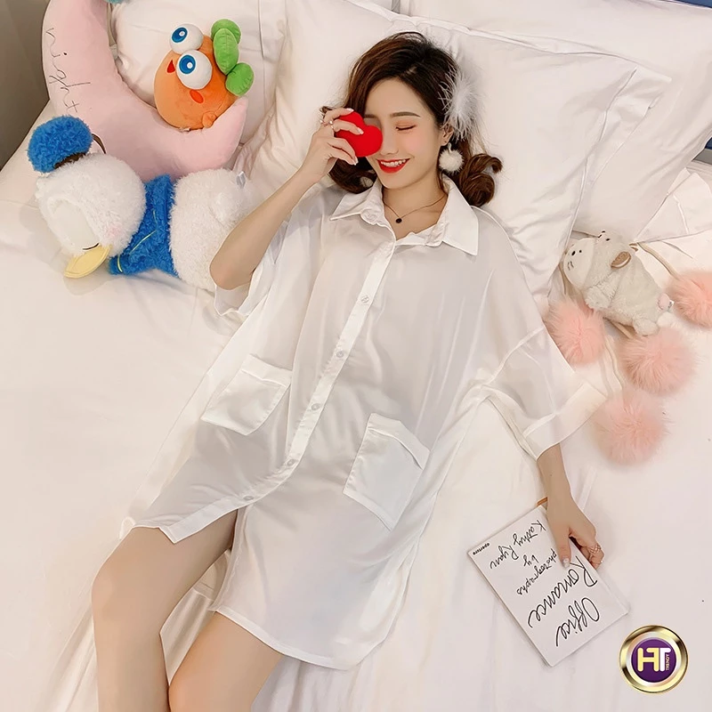 Áo ngủ sơ mi dáng dài váy ngủ lụa satin cao cấp mặc nhà kiểu suông thiết kế HT TRENDY