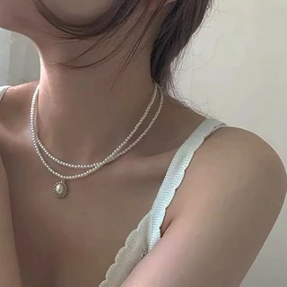 Vòng Cổ Choker Hai Lớp Gắn Ngọc Trai Dễ Thương Phong Cách 2021