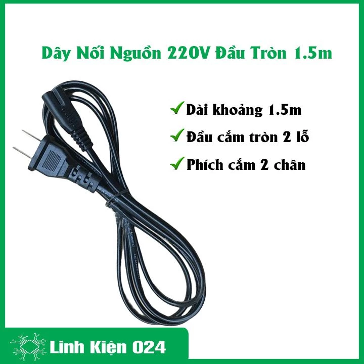 Dây nguồn AC 220V liền giắc cắm 2 chân dài 1 mét đầu tròn số 8