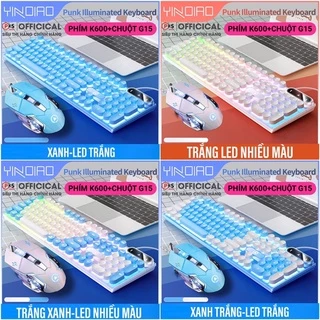 COMBO BÀN PHÍM CHUỘT MÁY TÍNH GAMING GIẢ CƠ NÚT TRÒN YINOIAO K600-G15 LED XUYÊN CHỮ NHIỀU MÀU XANH TÍM HỒNG TRẮNG