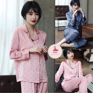 Pyjama Lụa Nữ Dài Tay , Bộ Mặc Nhà Chất Liệu Lụa Gấm Latin Cao Cấp , Thiết Kế Nổi Bật Sang Trọng