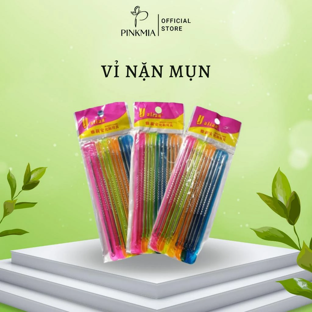 (Bán sỉ) Que nặn mụn Pinkmia đầu đen - Cây nặn mụn inox cao cấp (Vỉ 12 que loại dài)