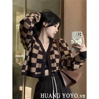 Áo khoác cardigan KUMIKUMI dệt kim tay dài dáng rộng kẻ sọc ca rô thời trang Hàn Quốc cho nữ