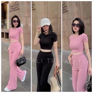 [MẪU MỚI] Set Bộ Quần Dài Ống Loe Kèm Áo Croptop Tay Ngắn Chất Thun Gân Chính Phẩm Thích Hợp Mặc Đi Tiệc Đi Làm Đi Chơi