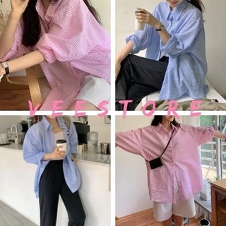 Áo sơ mi xốp tay dài họa tiết caro nhỏ 2 màu form rộng unisex/ Áo chống nắng mùa hè bigsize mặc đi học, đi làm_veestore