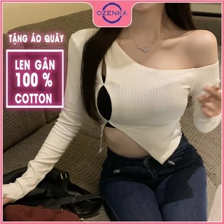 Áo croptop trễ vai tay dài sẻ gấu ôm nữ OZENKA , crt dệt kim nữ len gân 100% cotton đẹp đen trắng