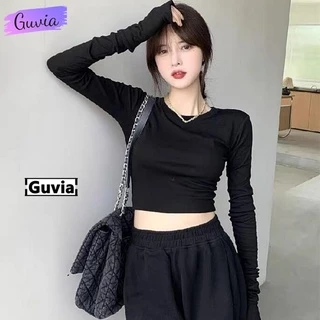 Áo Croptop Tay Dài CỔ TRÒN Nữ Ôm Body Chất Tốt, Áo Thun gân kiểu nữ dài tay mặc đẹp GUVIA CR21