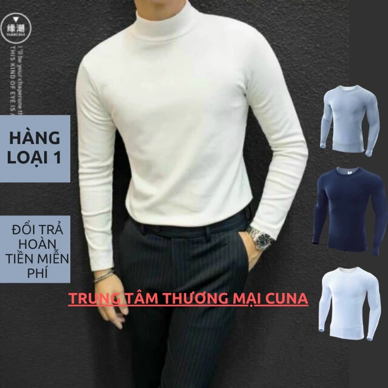 Áo Giữ Nhiệt Nam CUNA Áo Thun Nam Tay Dài Có Cổ Cao Lót Nỉ Cotton Thu Đông Giữ Ấm Thể Thao Cao Cấp Màu Trắng Đen Ghi