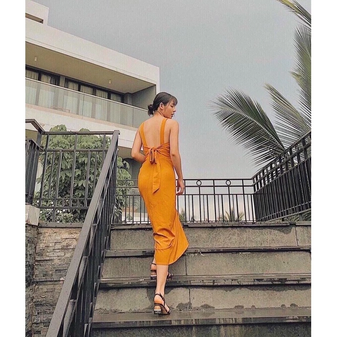 [ĐỦ BILL CÓ QUÀ] 🎁🎁  ĐẦM MAXI VÀNG CỘT NƠ LƯNG SANG CHẢNH (có ảnh thật)