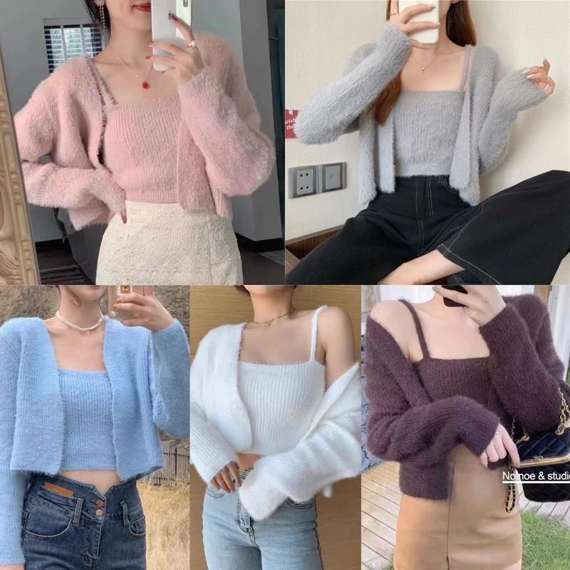 Nguyên set croptop + áo khoác cardigan len kim mịn