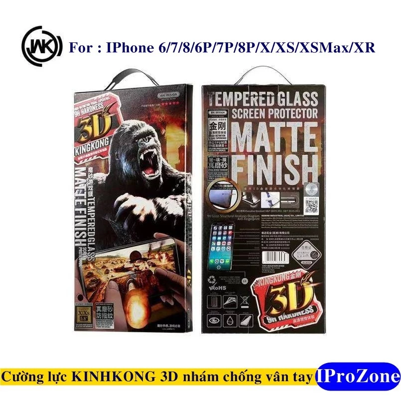 Kính cường chống mồ hôi tay WK Kingkong Nhám cho IPhone 15 Pro Max , 14 Plus , 11 ,12 , 13 Pro Max , Hàng chính hãng