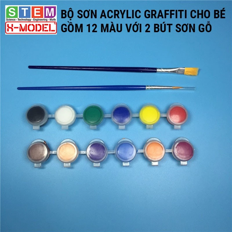 Đồ chơi sáng tạo STEM Bộ dụng cụ tô màu acrylic graffiti 12 màu kèm 2 bút vẽ sơn XMODEL cho bé [ Giáo dục STEM, STEAM]