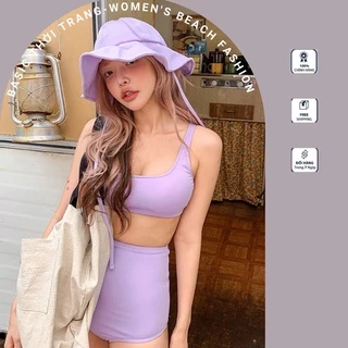 Bộ bikini 3 món cute màu tím pastel Hàn Quốc co giãm 4 chiều - Bikini Fashion BH02
