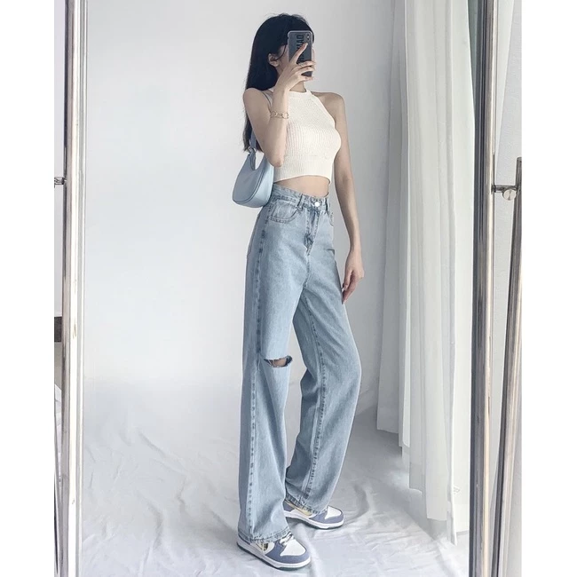 Quần Jeans Màu Xanh Suông Xanh Rách 1 Đùi Cạp Cao, Quần Bò Ống Đứng Phong Cách Ulzzang Loại 1