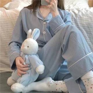 (Sẵn XL) Set pijama xanh pastel sọc gân ulzzang Hàn Quốc Yannie