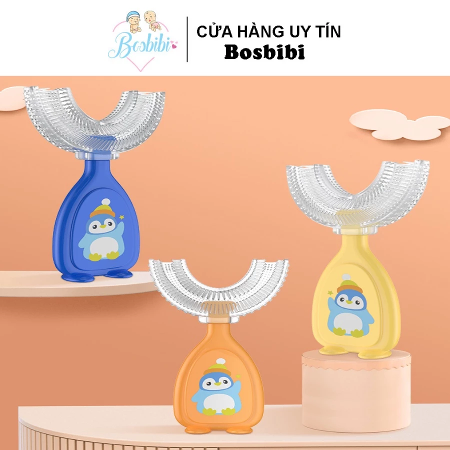 Bàn chải đánh răng chữ U Silicon chim cánh cụt cho bé từ 2- 6 tuổi, Có hộp đựng an toàn