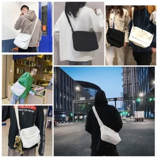 Túi đeo chéo vải canvas nữ unisex ulzzang basic trơn Hàn Quốc siêu xinh đi học