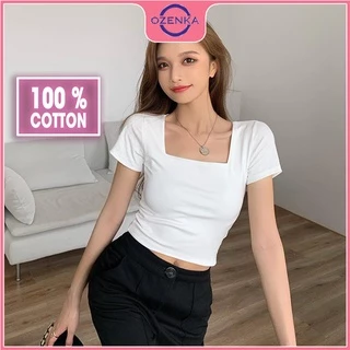 Áo croptop cổ vuông ngắn tay ôm nữ Ozenka , áo crt hở rốn thun gân 100% cotton đẹp màu đen trắng dưới 55 cân