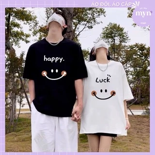 Áo Thun Tay Lỡ Nam Nữ In Chữ Luck - Happy , Áo Đôi Phông Form Rộng Unisex