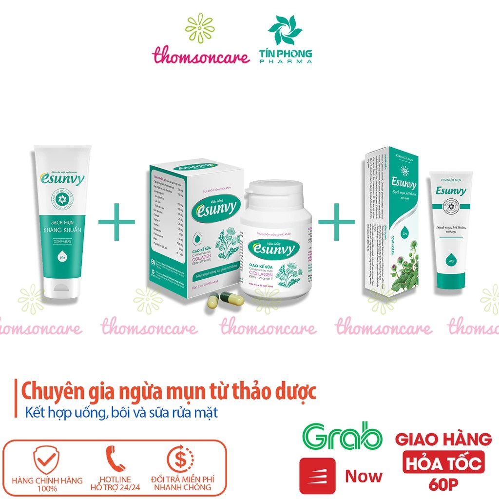 Combo ngừa mụn trứng cá từ thảo dược Esunvy, mụn cám, đầu đen, giảm sạm da, giải độc mát gan