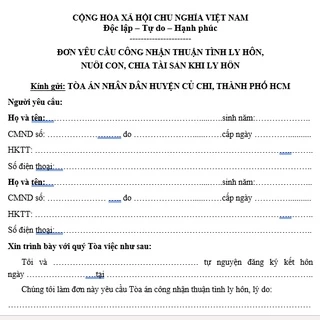 Mẫu đơn ly hôn thuận tình Tòa án huyện Củ Chi, Tp HCM + bản hướng dẫn viết đơn ly hôn, hồ sơ ly hôn