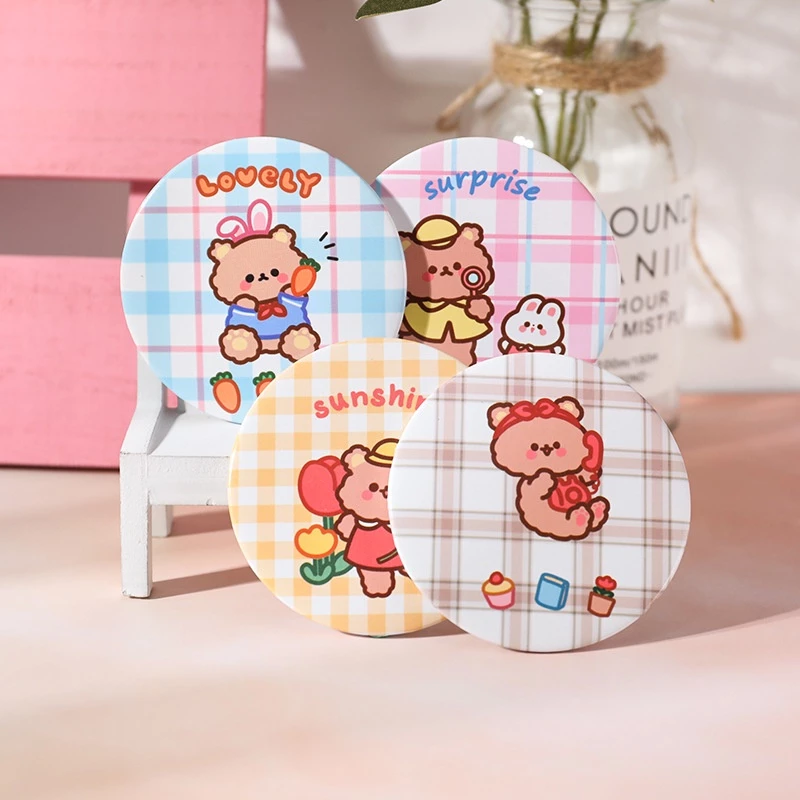 Gương mini cầm tay in hình gấu dễ thương loại 7cm - Thỏ Hồng