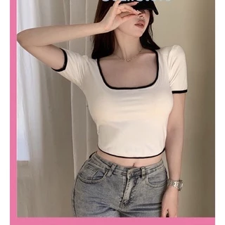 áo thun nữ croptop tay ngắn cổ vuông, Áo Croptop ngắn tay ôm body