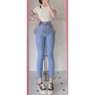 Set jeans dài lưng cao co giãn trơn + crop petter phối viền