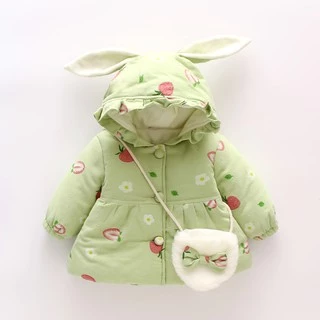Áo khoác tai thỏ in họa tiết dâu tây dễ thương thời trang mùa đông cho bé gái 9 tháng-3 tuổi