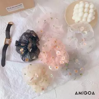 【Amigoa】Đàn hồi voan Tóc Tie Dây cột tóc vải lưới Scrunchies thêu hoa cúc họa mi HOT TREND