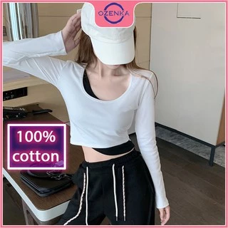 Áo croptop tay dài ôm body nữ cải màu OZENKA , áo thun croptop nữ chất đẹp 100% cotton free size dưới 52 kg nhiều màu