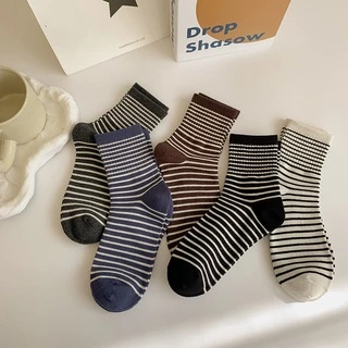 Ins Korean Striped Women Crew Socks Cotton Female Casual Semi-high Socks Ready Stock Ladies Middle Socks