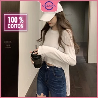 Áo thun croptop kiểu lệch gấu nữ OZENKA , áo crt tay dài phom rộng cottong 100% màu đen trắng mặc đi học đi chơi