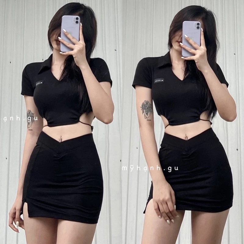 Áo Croptop Nữ Ôm Body Ngắn Tay YUMI BÁN SỈ áo Polo Khoét Eo Rút Dây