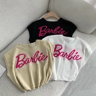 Áo len mỏng cộc tay croptop in barbie, Áo kiểu in chữ dáng ngắn AL7710 - NhiNhi Shop