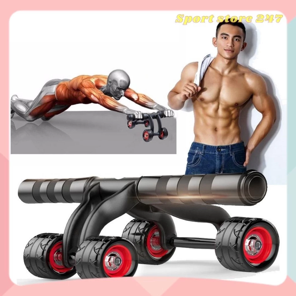Con lăn tập bụng 4 bánh dụng cụ tập cơ bụng hỗ trợ tập gym tặng kèm thảm kê đầu gối
